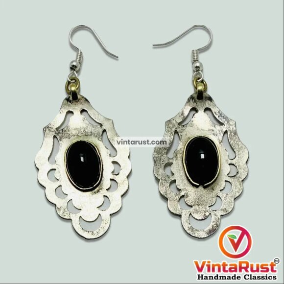Vintage Turkmen Earrings With Black Onyx, Silver Boho Dangling Earrings, Turkmen - Picture 1 of 9